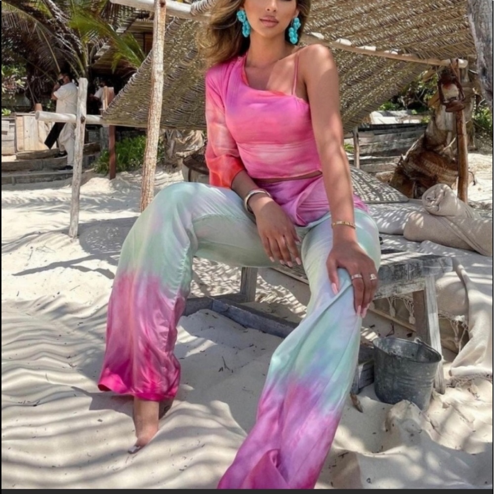 Zara Pink and Green Wide Leg Pants